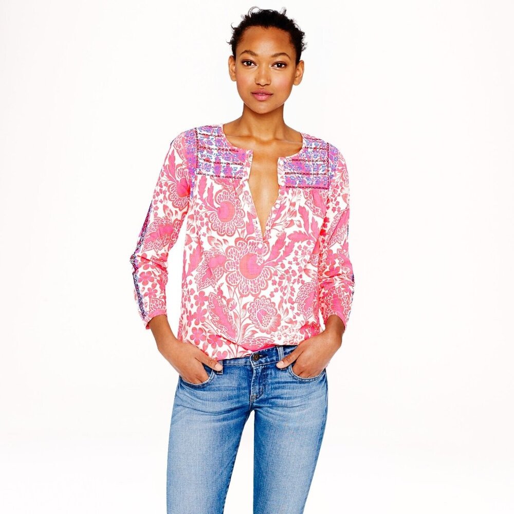 J.Crew Top Pink Floral Print Embroidered Button Popover 3/4 Sleeve